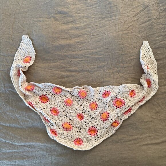 Handmade Crochet Knit Flower Granny Square Triangle Scarf - Picture 5 of 7